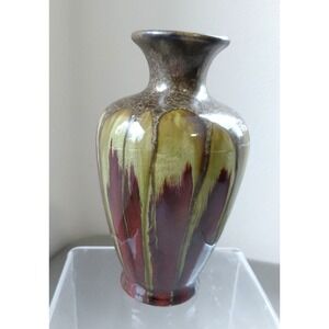 Vintage Hand Thrown Drip Glaze Studio Pottery Green Red Metal Flakes 6" Crazing